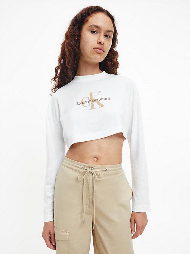 Calvin Klein USA Cropped Long Sleeve Logo Womens T-Shirt White 0754618-GR